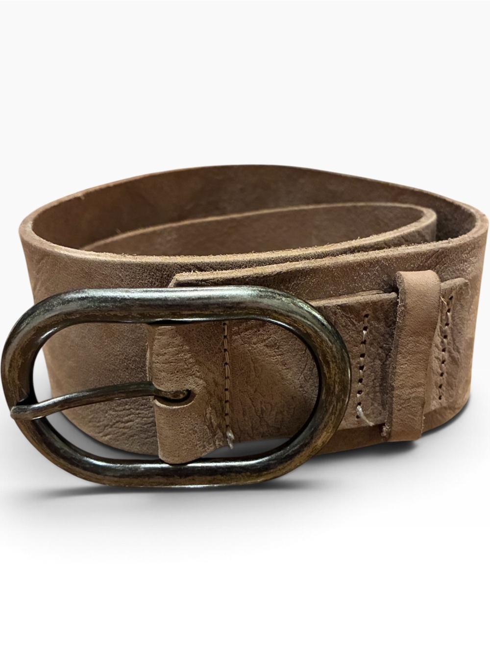 Amsterdam Heritage hand made belt. Taupe leather, silver oval buckle. Sz S